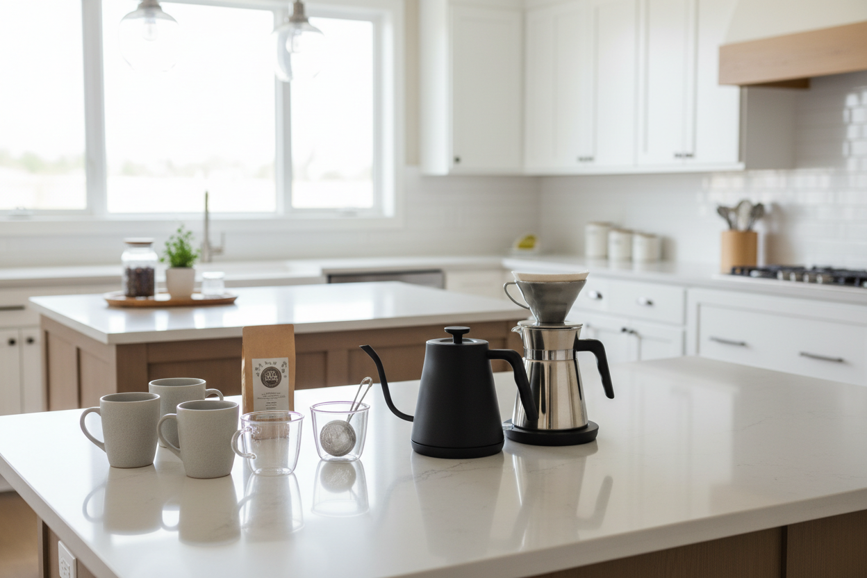 Coffee and tea essentials on modern kitchen countertop