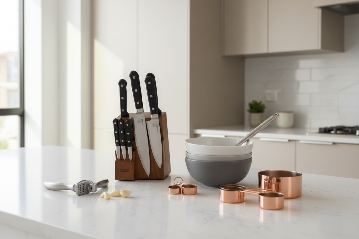 Cooking essentials and kitchen tools arranged on modern kitchen countertop